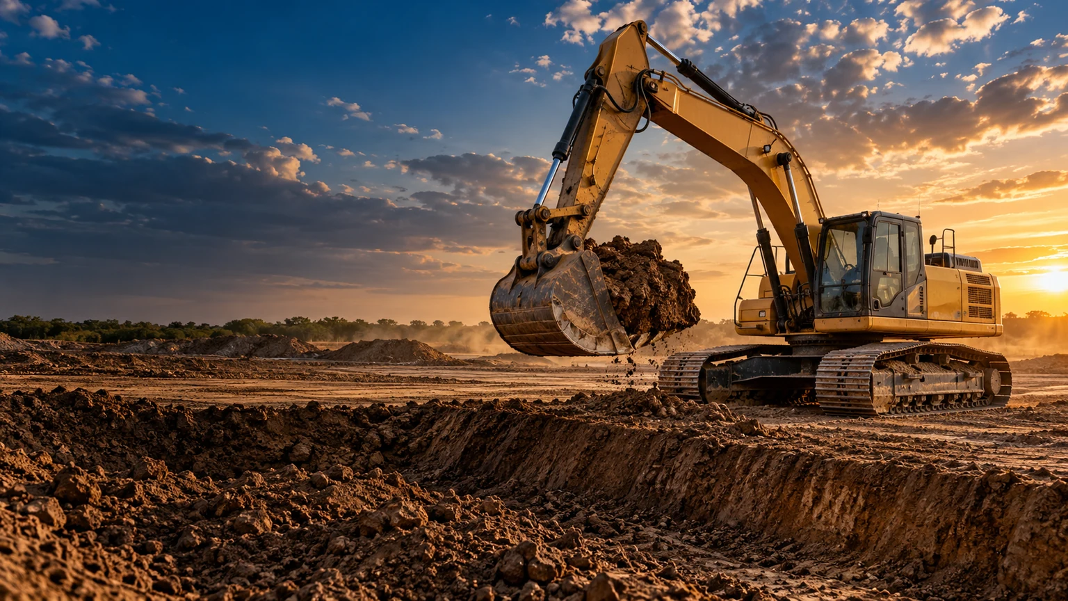 Illustrative tracked excavator moving earth on an open construction site