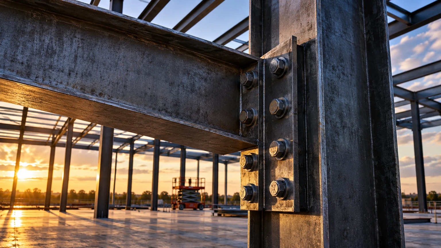 AI-generated illustration of a bolted structural steel beam-to-column connection