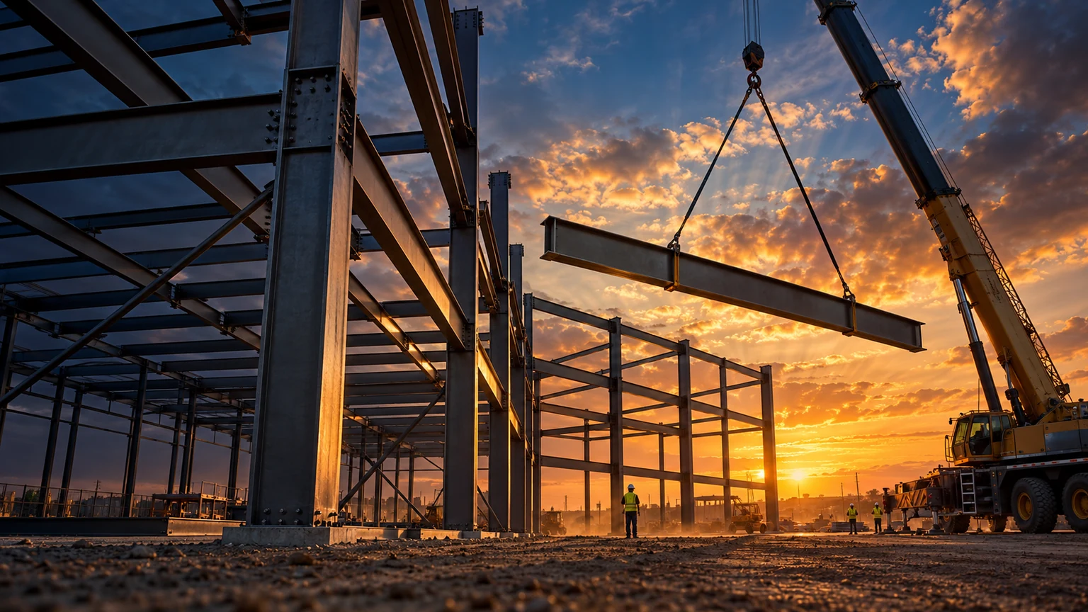 Illustrative commercial steel frame and crane lifting a structural beam at sunset